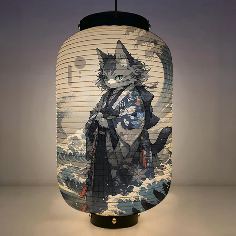 사무라이 고양이 아트 패턴 랜턴, 일본 기모노, 레스토 - Japanese Lantern Paper 리뷰 및 가격